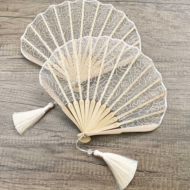 Buddha Stones Rose Embroidery Lace Shell Shape Tassels Handheld Bamboo Folding Fan