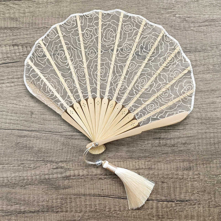 Buddha Stones Rose Embroidery Lace Shell Shape Tassels Handheld Bamboo Folding Fan