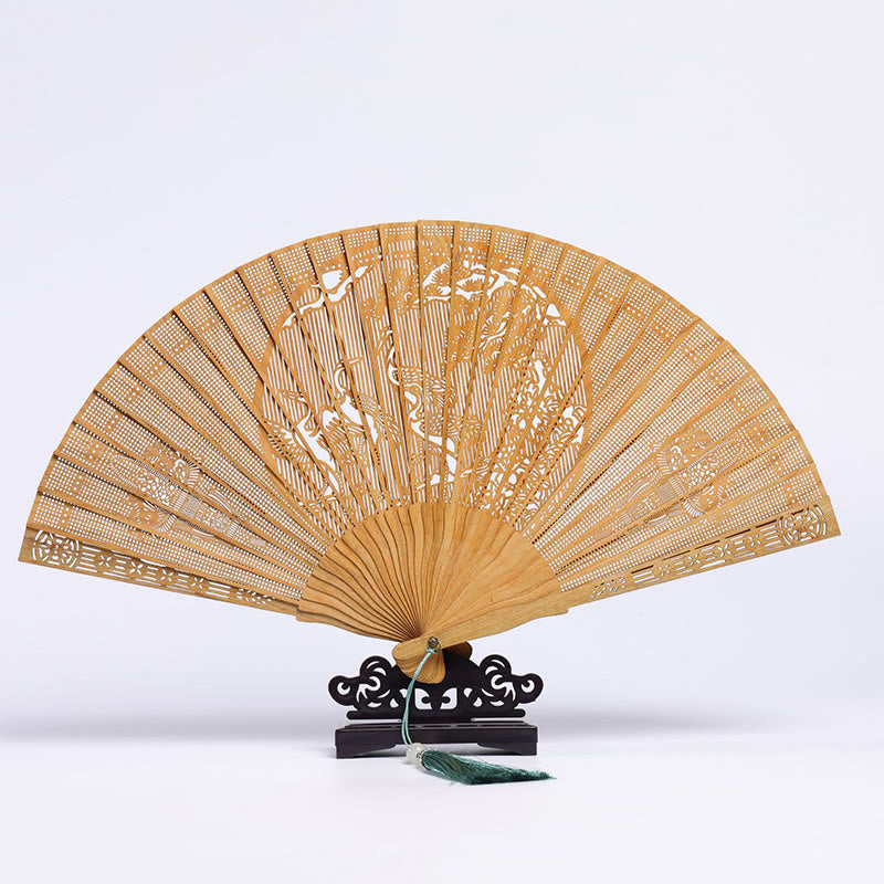 Buddha Stones Auspicious Clouds Crane Peacock Chang'e Moon Engraved Pattern Handheld Green Sandalwood Folding Fan - Green Sandalwood Crane Engraving 23cm - image 4