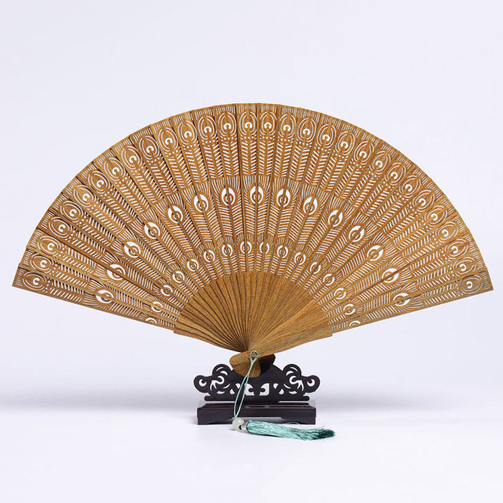 Buddha Stones Auspicious Clouds Crane Peacock Chang'e Moon Engraved Pattern Handheld Green Sandalwood Folding Fan - Green Sandalwood Peacock Engraving 23cm - image 3