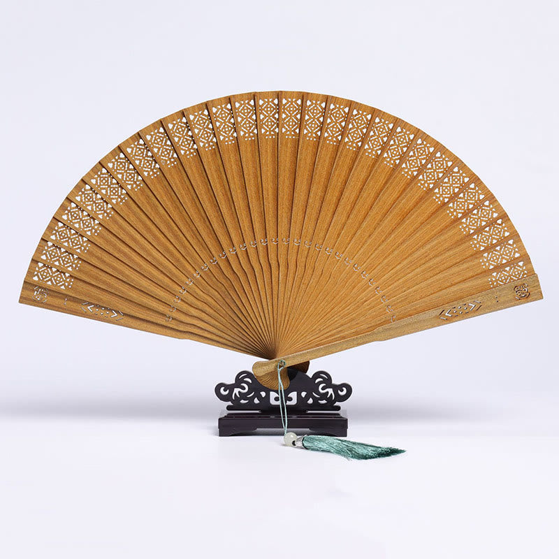 Buddha Stones Auspicious Clouds Crane Peacock Chang'e Moon Engraved Pattern Handheld Green Sandalwood Folding Fan - Green Sandalwood Geometric Engraving 23cm - image 0