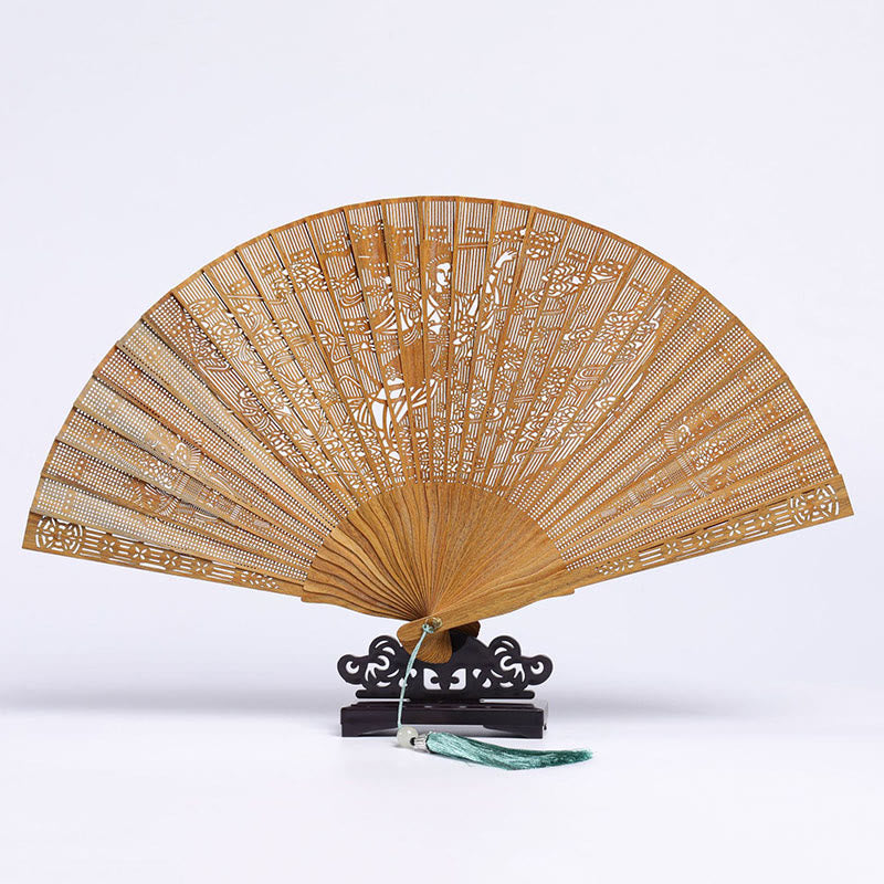 Buddha Stones Auspicious Clouds Crane Peacock Chang'e Moon Engraved Pattern Handheld Green Sandalwood Folding Fan - Green Sandalwood Chang'e Moon Engraving 23cm - image 5