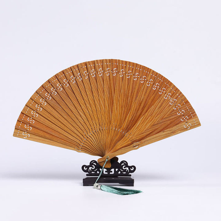 Buddha Stones Auspicious Clouds Crane Peacock Chang'e Moon Engraved Pattern Handheld Green Sandalwood Folding Fan - Green Sandalwood Auspicious Clouds Engraving 23cm - image 2
