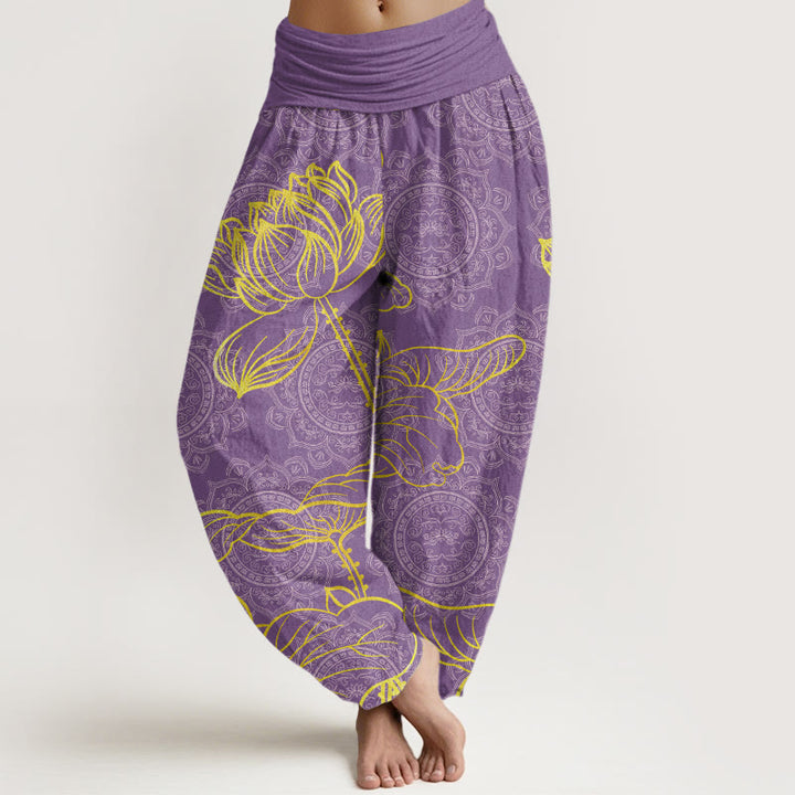 Buddha Stones Golden Lotus Mandala Pattern Women's Elastic Waist Harem Pants