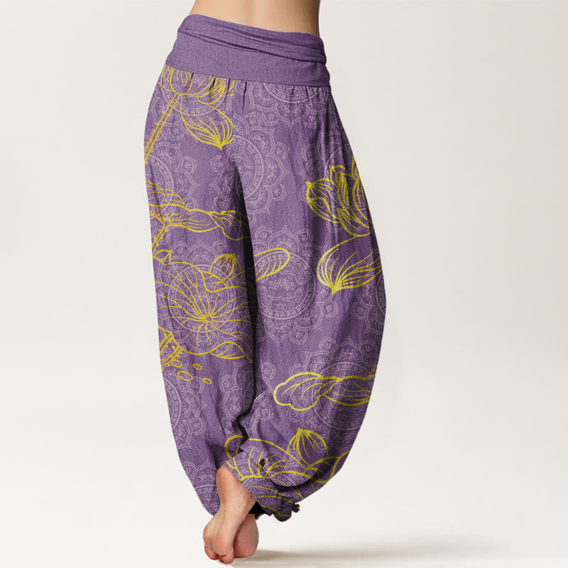 Buddha Stones Golden Lotus Mandala Pattern Women's Elastic Waist Harem Pants