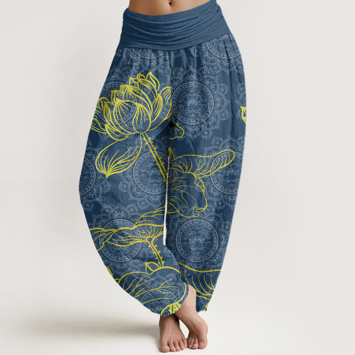 Buddha Stones Golden Lotus Mandala Pattern Women's Elastic Waist Harem Pants