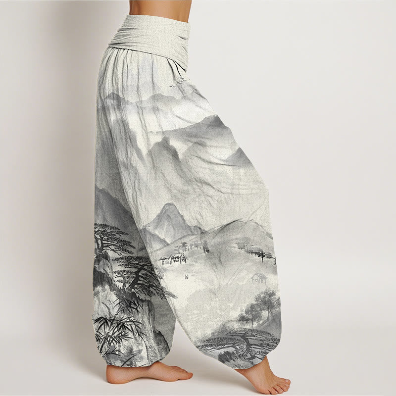 Buddha Stones Mountains Trees Landscape Ink Painting Women's Elastic Waist Harem Pants