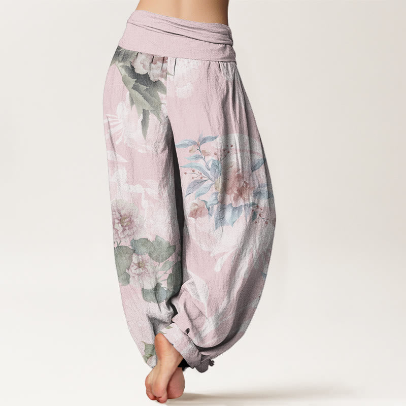 Buddha Stones Flowers White Leaves Women's Elastic Waist Harem Pants