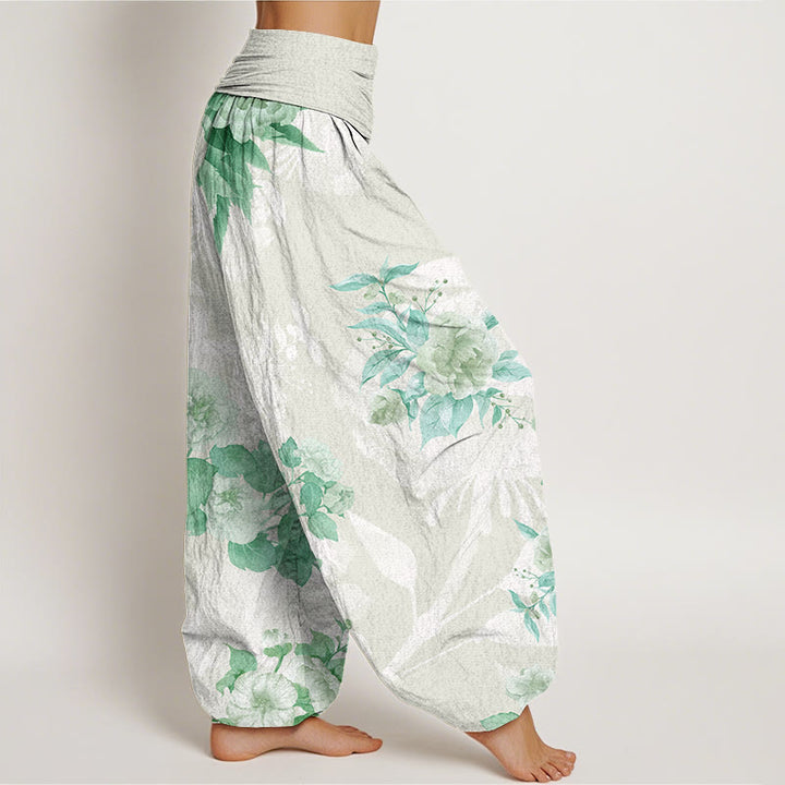 Buddha Stones Flowers White Leaves Women's Elastic Waist Harem Pants