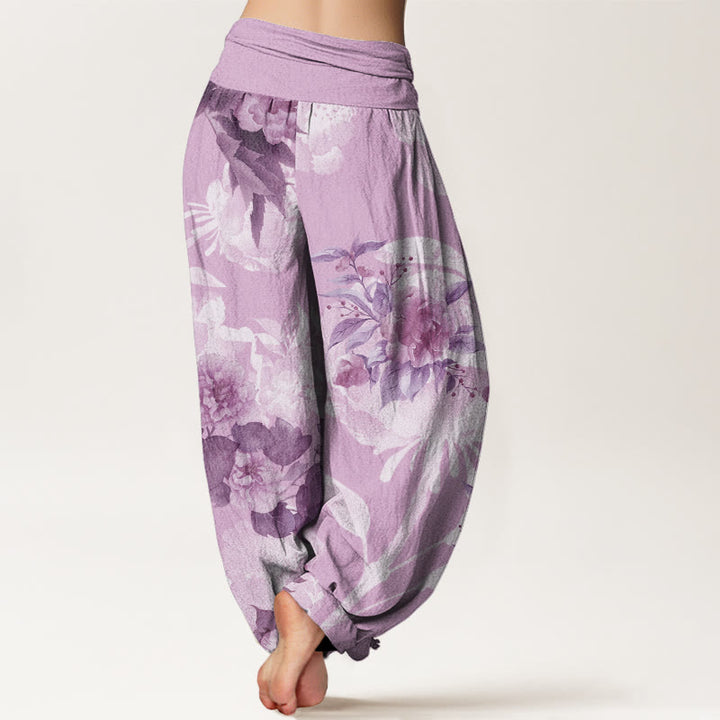 Buddha Stones Flowers White Leaves Women's Elastic Waist Harem Pants