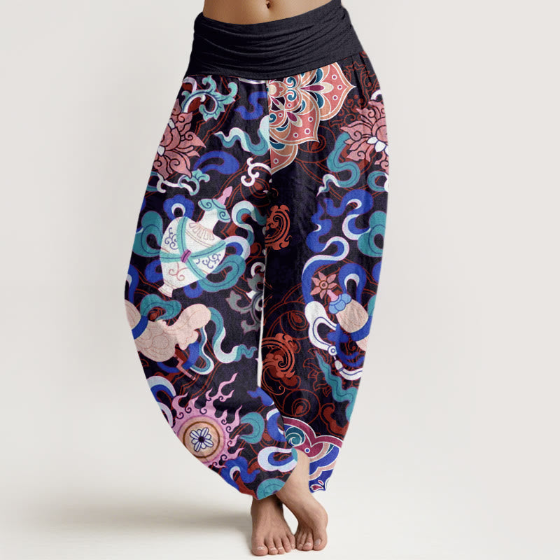 Buddha Stones Flowers Vases Fish Mandala Women's Elastic Waist Harem Pants