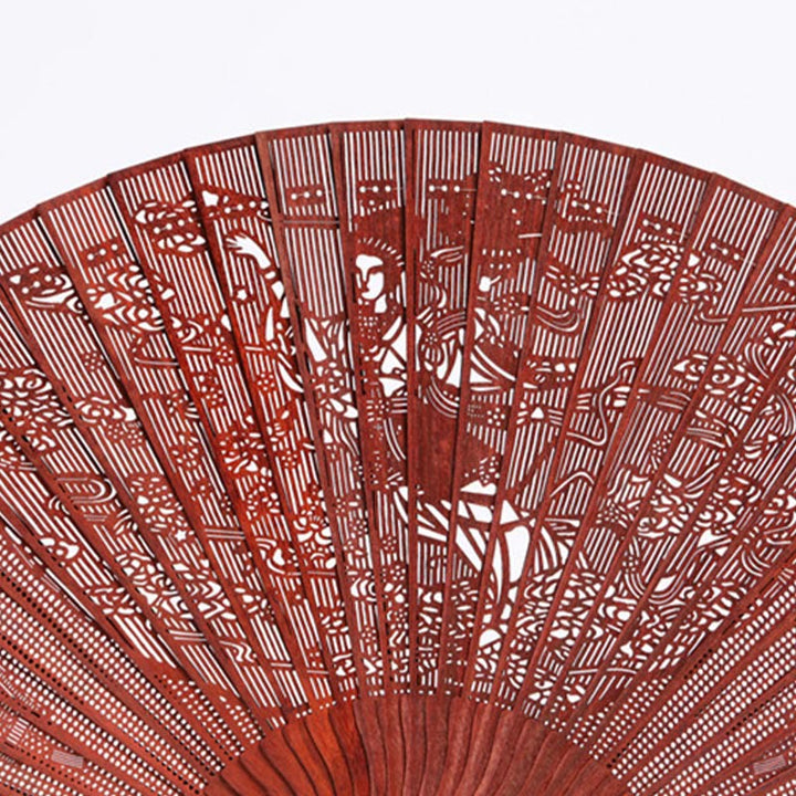 Buddha Stones Crane Peacock Chang'e Moon Engraved Pattern Handheld Small Leaf Red Sandalwood Folding Fan