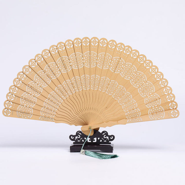 Buddha Stones Retro Chang'e Moon Crane Peacock Hollow Engraved Pattern Handheld Thuja Sutchuenensis Wood Folding Fan