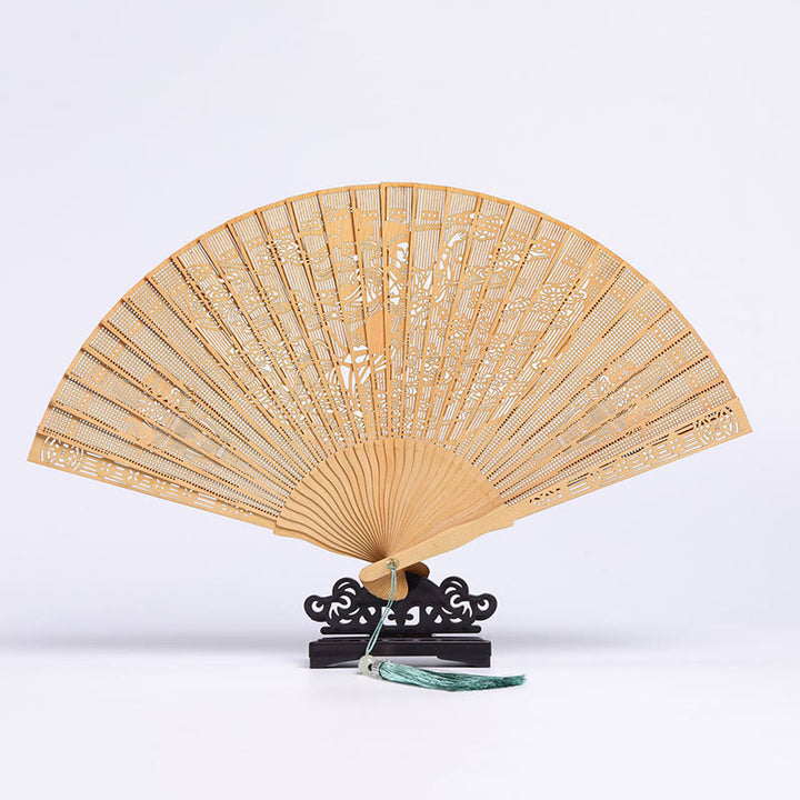 Buddha Stones Retro Chang'e Moon Crane Peacock Hollow Engraved Pattern Handheld Thuja Sutchuenensis Wood Folding Fan