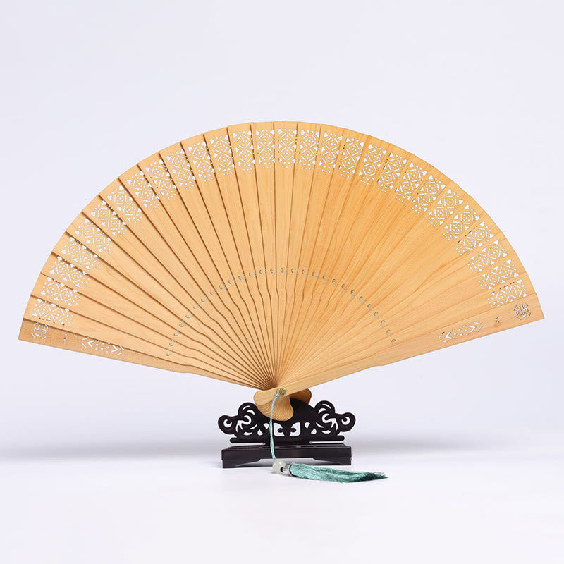 Buddha Stones Retro Chang'e Moon Crane Peacock Hollow Engraved Pattern Handheld Thuja Sutchuenensis Wood Folding Fan