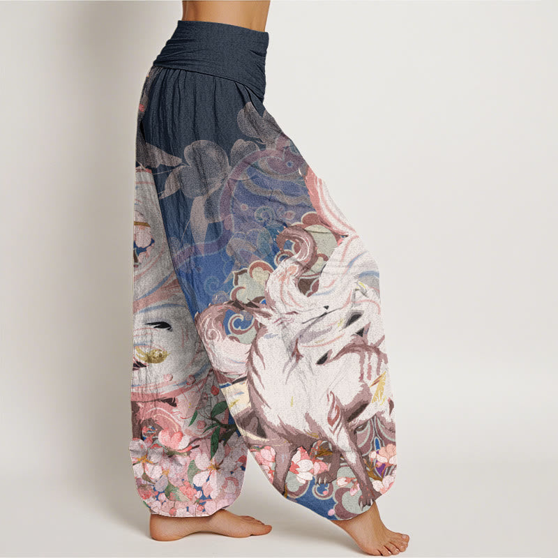 Buddha Stones Fox Cherry Blossoms Women's Elastic Waist Harem Pants