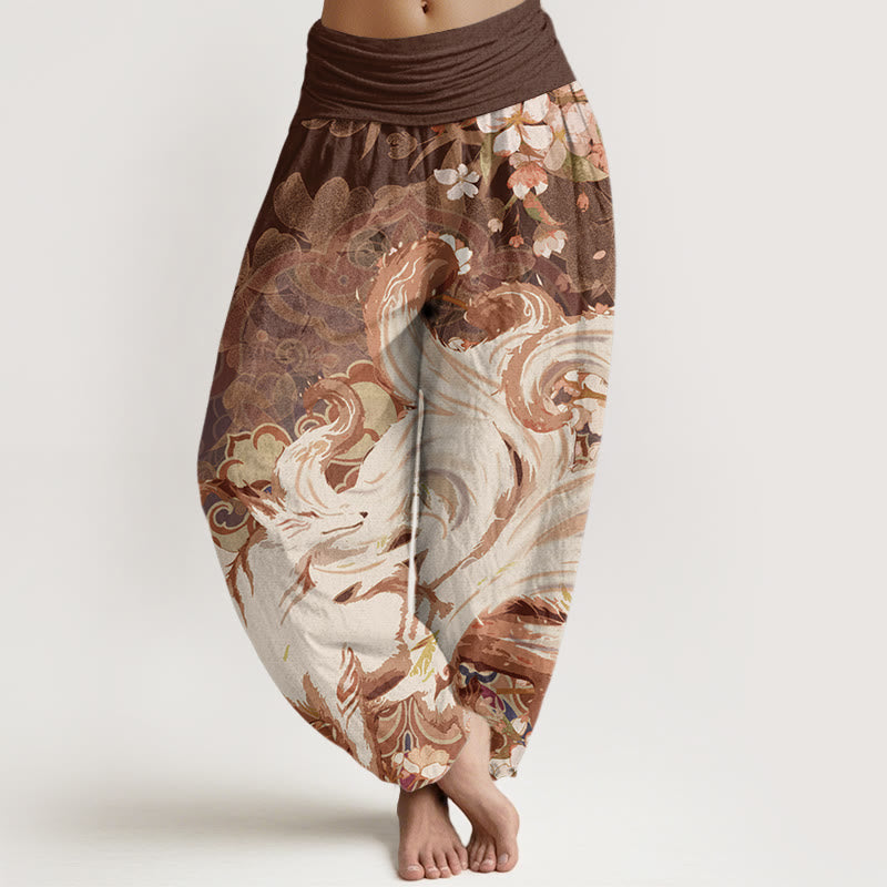 Buddha Stones Fox Cherry Blossoms Women's Elastic Waist Harem Pants