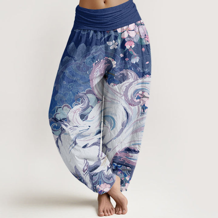 Buddha Stones Fox Cherry Blossoms Women's Elastic Waist Harem Pants