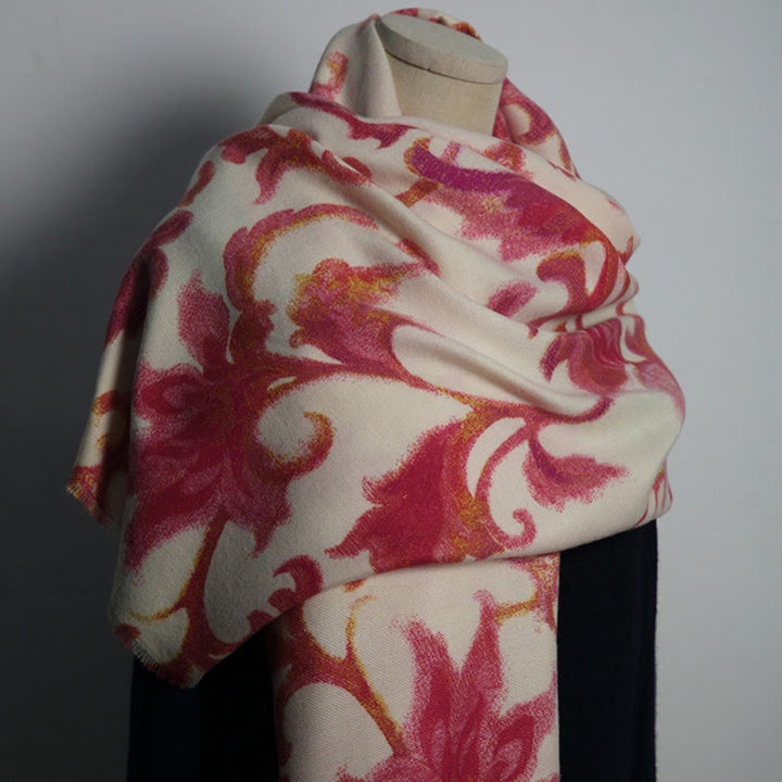 Buddha Stones Tibetan Red Flower Print Shawl Fall Winter Soft Warm Scarf Wrap - Beige Red 192*65cm - image 0