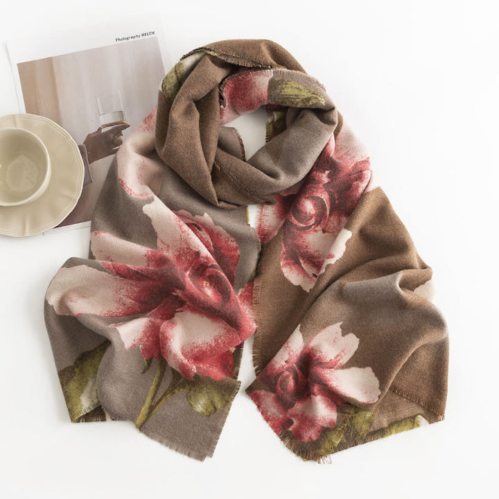 Buddha Stones Tibetan Shawl Artistic Style Hibiscus Syriacus Print Fall Winter Cozy Warm Scarf Wrap