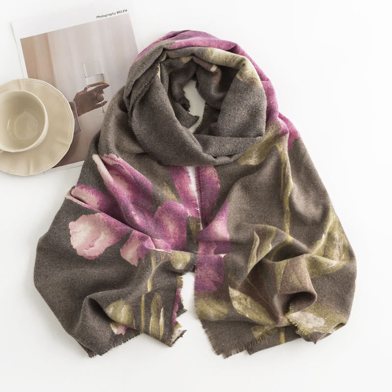 Buddha Stones Tibetan Shawl Artistic Style Hibiscus Syriacus Print Fall Winter Cozy Warm Scarf Wrap