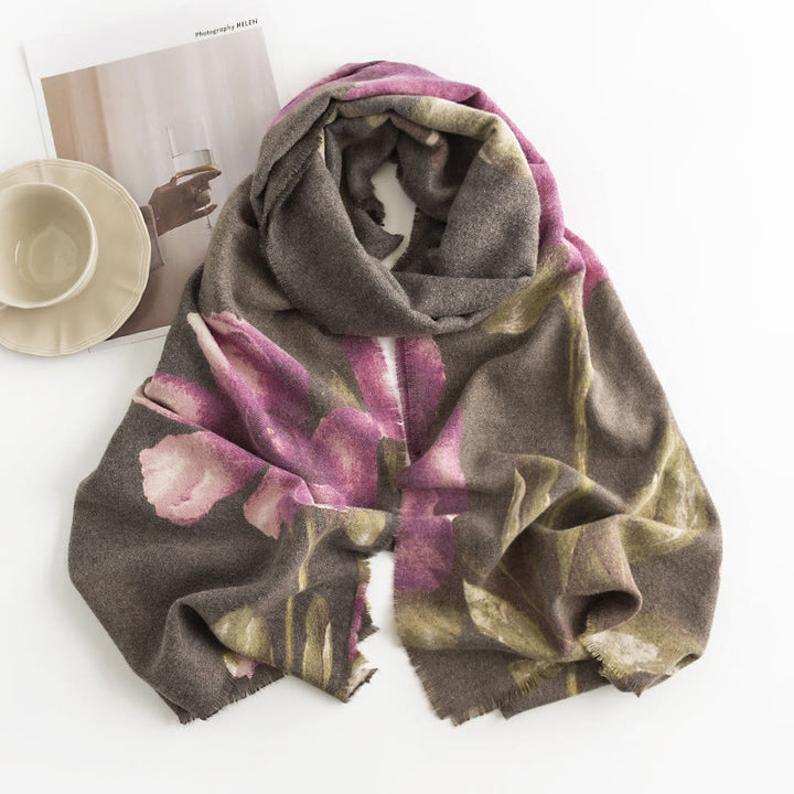 Buddha Stones Tibetan Shawl Artistic Style Hibiscus Syriacus Print Fall Winter Cozy Warm Scarf Wrap