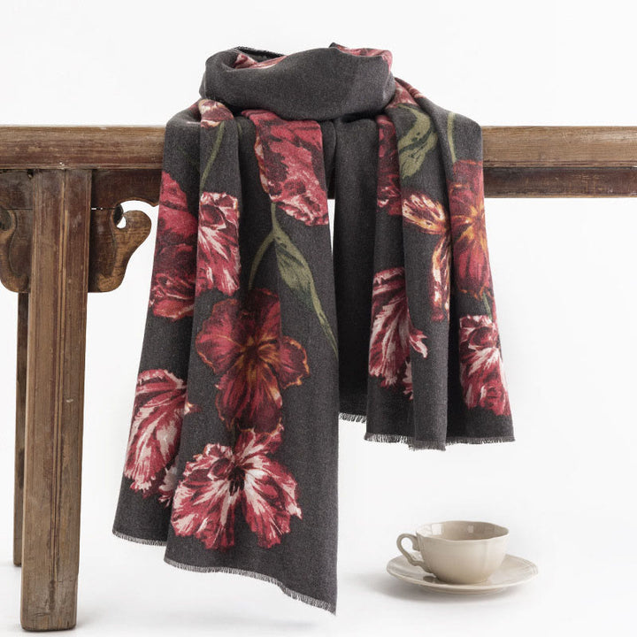 Buddha Stones Tibetan Shawl Elegant Flower Print Fall Winter Soft Warm Scarf Wrap - DimGray 180*65cm - image 0