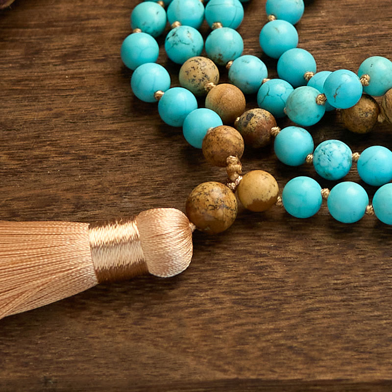 Buddha Stones 108 Mala Beads Turquoise Picture Jasper Bead Tassel Balance Bracelet