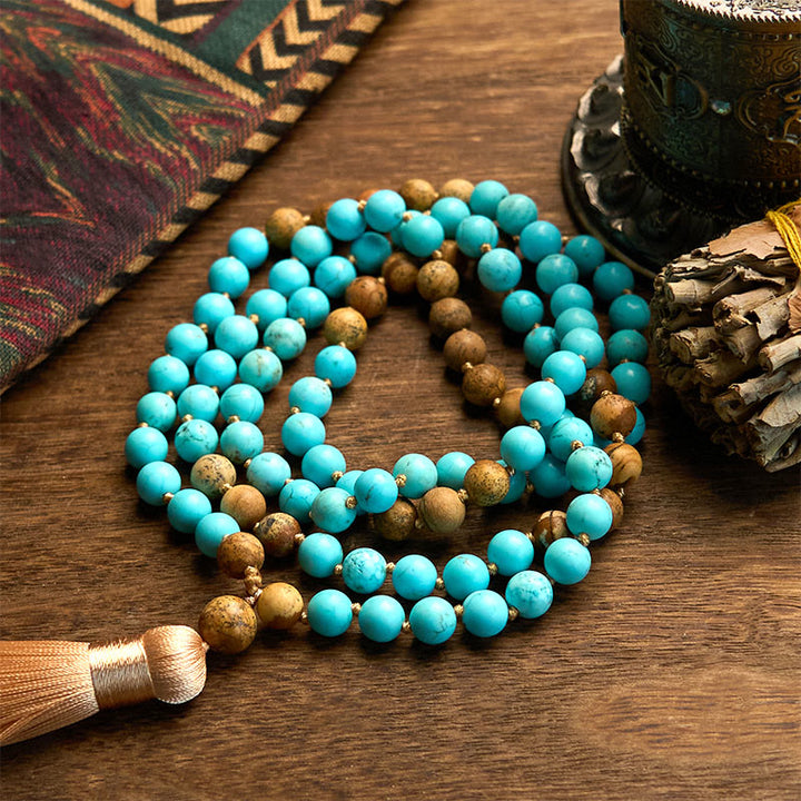 Buddha Stones 108 Mala Beads Turquoise Picture Jasper Bead Tassel Balance Bracelet