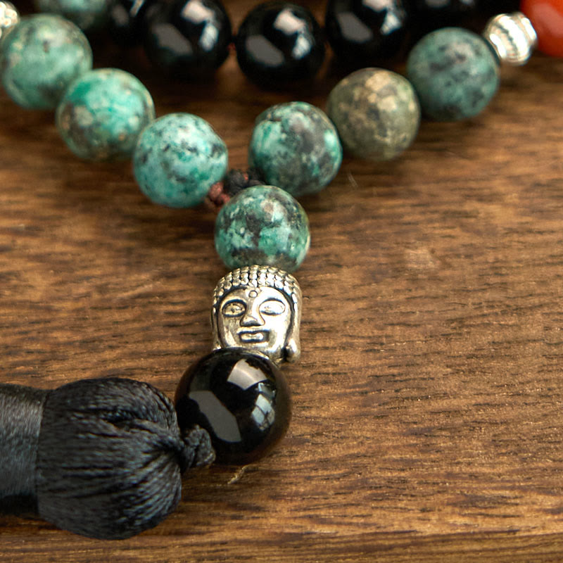 Buddha Stones 108 Mala Natural Black Onyx Red Jasper Turquoise Beads Buddha Head Tassel Protection Bracelet