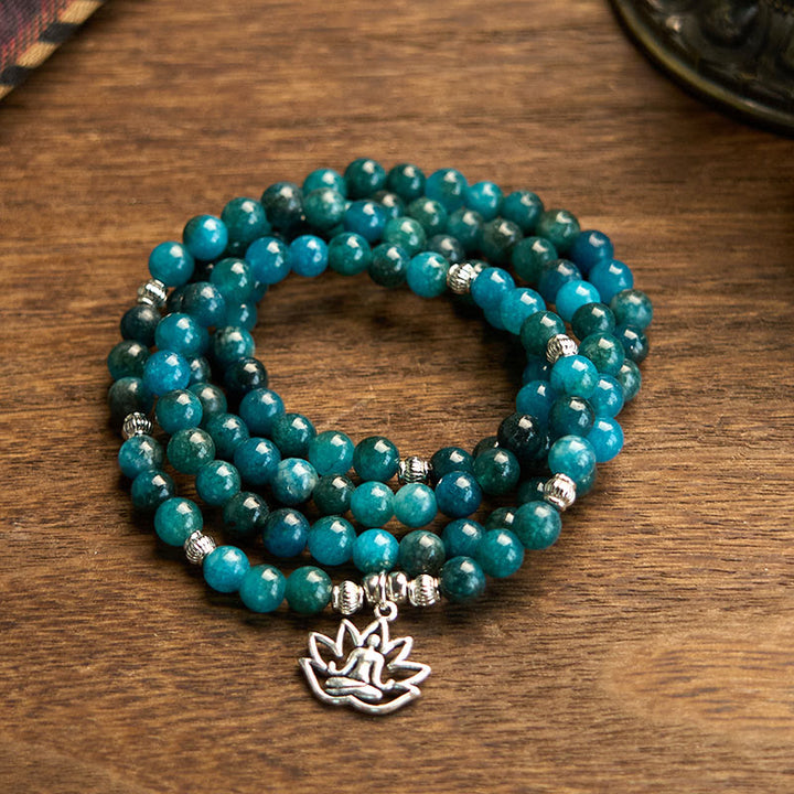 Buddha Stones 108 Mala Beads Apatite Bead Om The Tree Of Life Lotus Buddha Bracelet