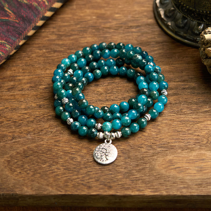 Buddha Stones 108 Mala Beads Apatite Bead Om The Tree Of Life Lotus Buddha Bracelet