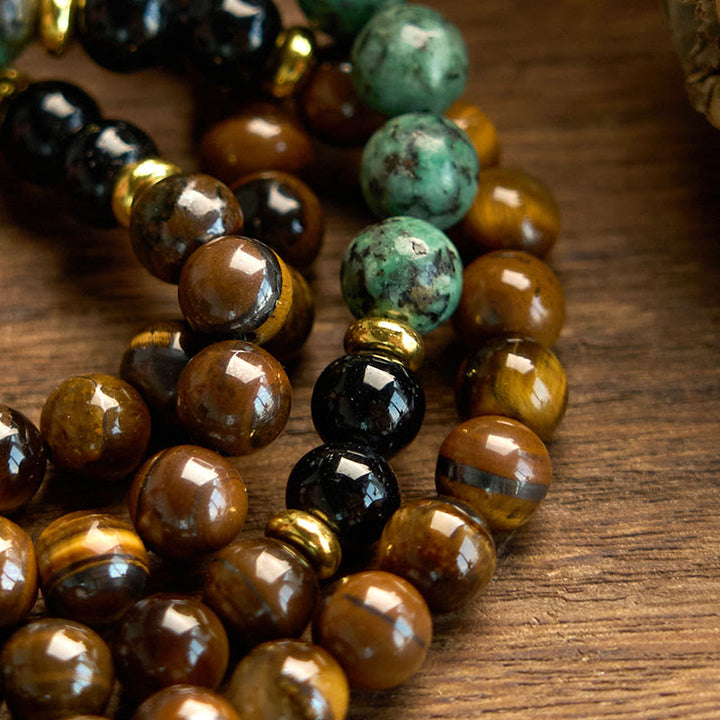 Buddha Stones 108 Mala Natural Stone Tiger Eye Turquoise  Beads Tassel Protection Bracelet