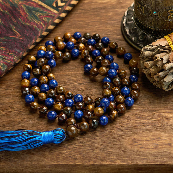 Buddha Stones 108 Beads Natural Stone Tiger Eye Lazurite Lapis Lazuli Mala Tassel Protection Bracelet - 8mm Tiger Eye Lazurite Bead - image 0