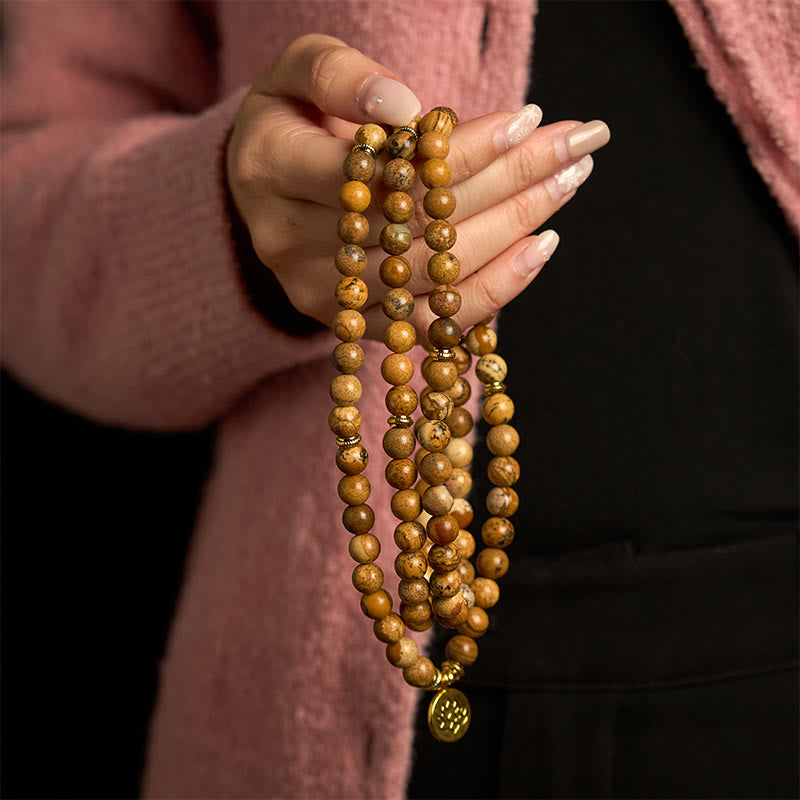 Buddha Stones 108 Beads Picture Jasper Mala Lotus Courage Bracelet