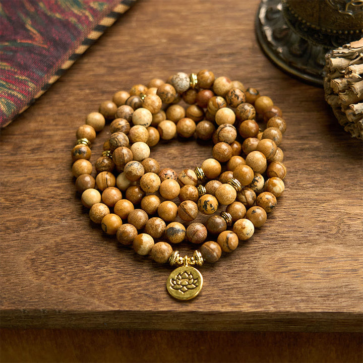 Buddha Stones 108 Beads Picture Jasper Mala Lotus Courage Bracelet