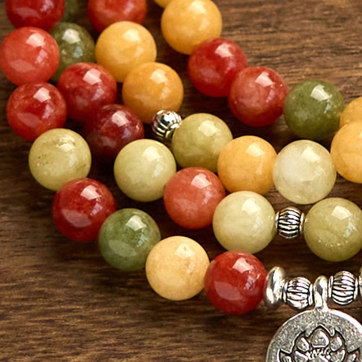 Buddha Stones 108 Mala Beads Natural Colored Stone Topaz Red Jasper Green Jasper Six True Words 'om Mani Padme Hum' Protection Bracelet