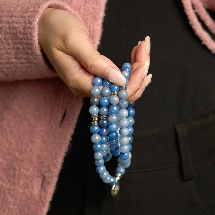 Buddha Stones 108 Mala Beads Multi-layer Natural Blue Aventurine Lotus Calm Bracelet