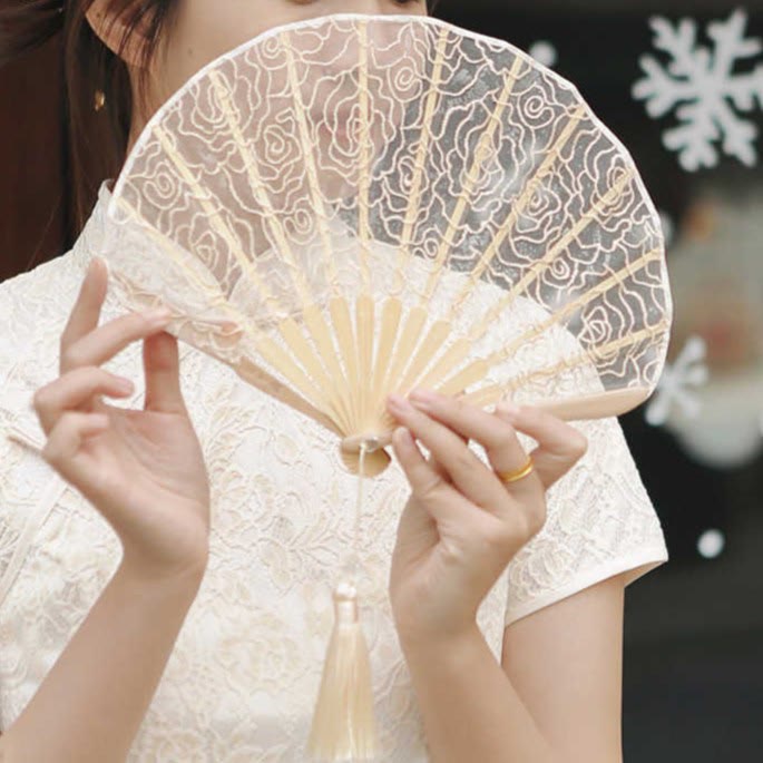 Buddha Stones Rose Embroidery Lace Shell Shape Tassels Handheld Bamboo Folding Fan