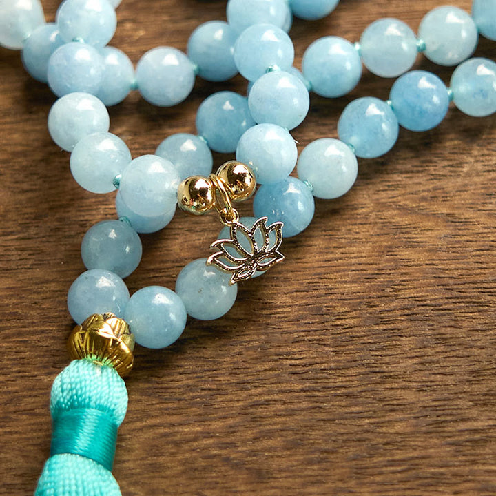 Buddha Stones 108 Mala Beads Natural Stone Aquamarine Tassel Lotus Healing Bracelet