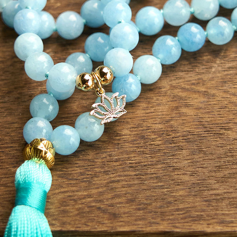 Buddha Stones 108 Mala Beads Natural Stone Aquamarine Tassel Lotus Healing Bracelet