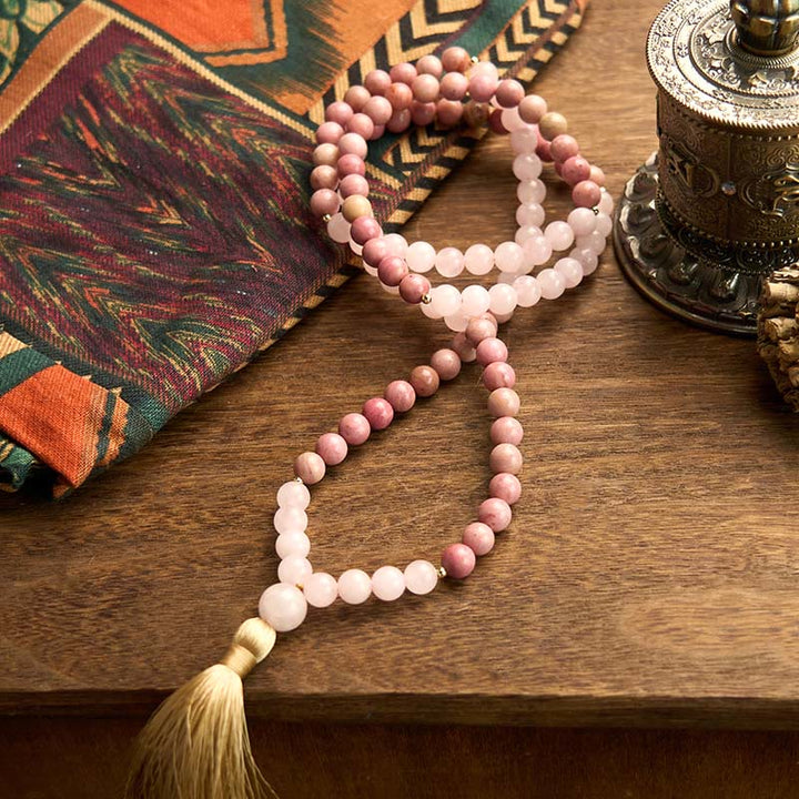 Buddha Stones 108 Mala Beads Rhodonite Rose Quartz Tassel Healing Bracelet