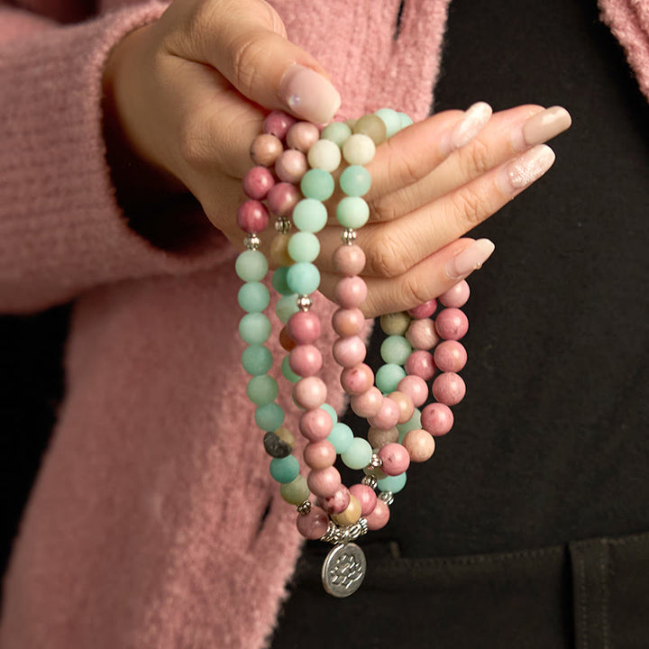 Buddha Stones 108 Mala Beads Rhodonite Amazonite Lotus Healing Bracelet