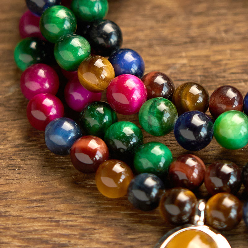 Buddha Stones 108 Mala Beads Natural Colorful Tiger Eye Stone Multi-turn Protection Bracelet