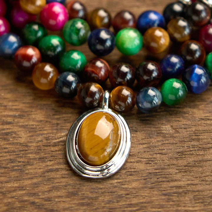 Buddha Stones 108 Mala Beads Natural Colorful Tiger Eye Stone Multi-turn Protection Bracelet