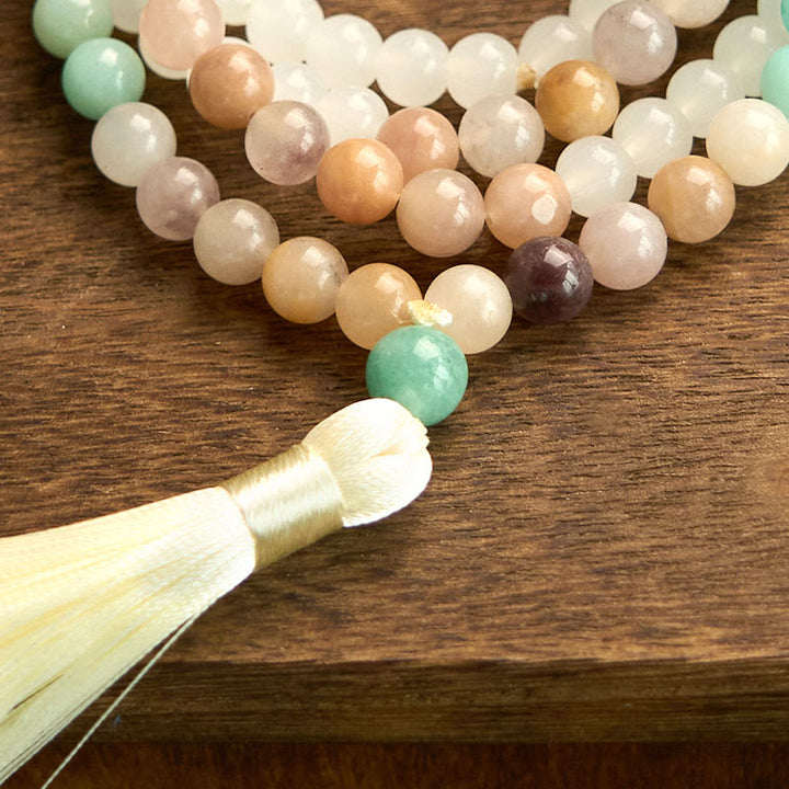 Buddha Stones 108 Mala Beads Natural White Jade Amazonite White Tassel Healing Bracelet