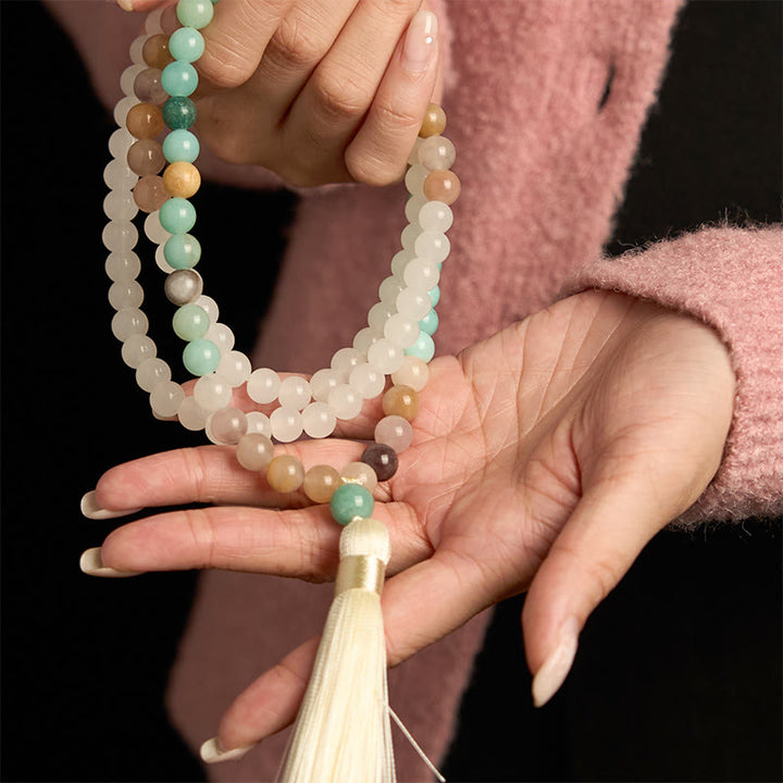 Buddha Stones 108 Mala Beads Natural White Jade Amazonite White Tassel Healing Bracelet