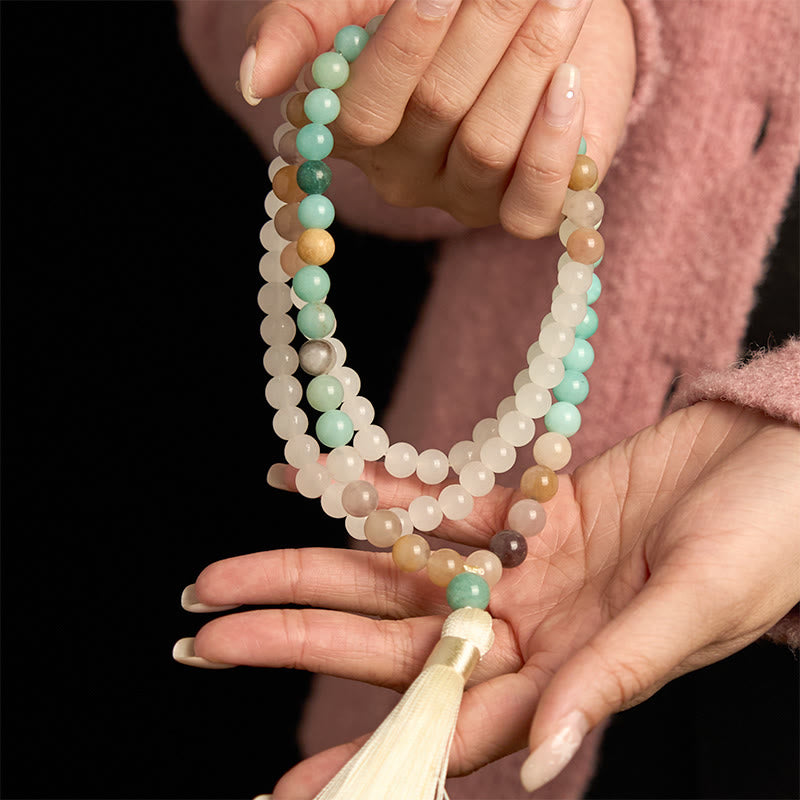 Buddha Stones 108 Mala Beads Natural White Jade Amazonite White Tassel Healing Bracelet