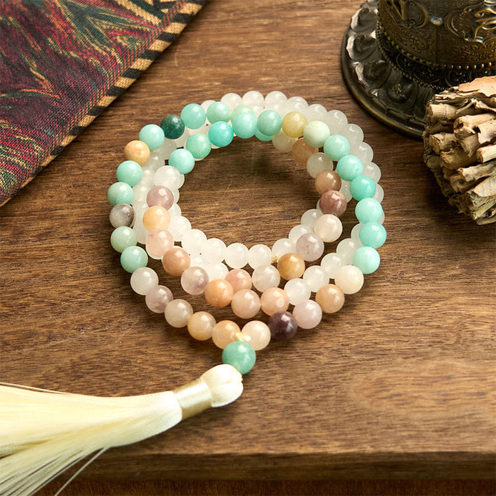 Buddha Stones 108 Mala Beads Natural White Jade Amazonite White Tassel Healing Bracelet