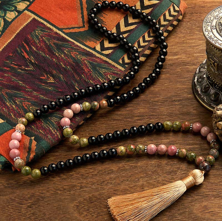 Buddha Stones 108 Mala Beads Black Jasper Rhodonite Khaki Tassel Healing Bracelet